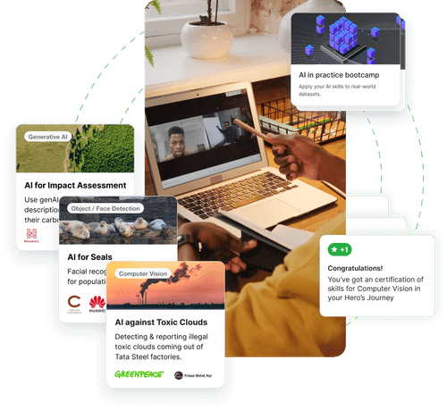 Join expert mentored ai courses and learn to apply ai & ml by solving real world challenges. When signing up with our peer-to-peer learning solution users get access to ai ml bootcamps, practise courses and impact challenges such as Ai for Impact Assessment, AI for Seals an AI against Toxic Clouds.